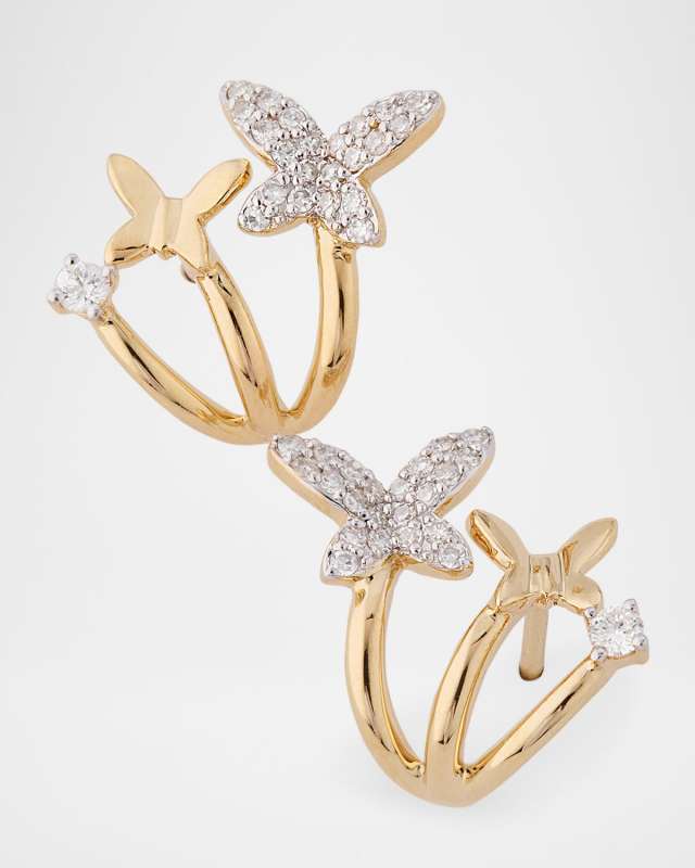 14K Yellow Gold Multi Diamond Butterfly Climber Earrings